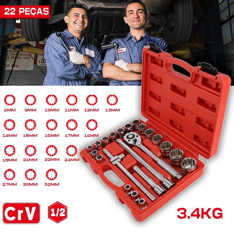 Kit Jogo Soquetes Estriados 22 Pçs Chave Catraca Reversível